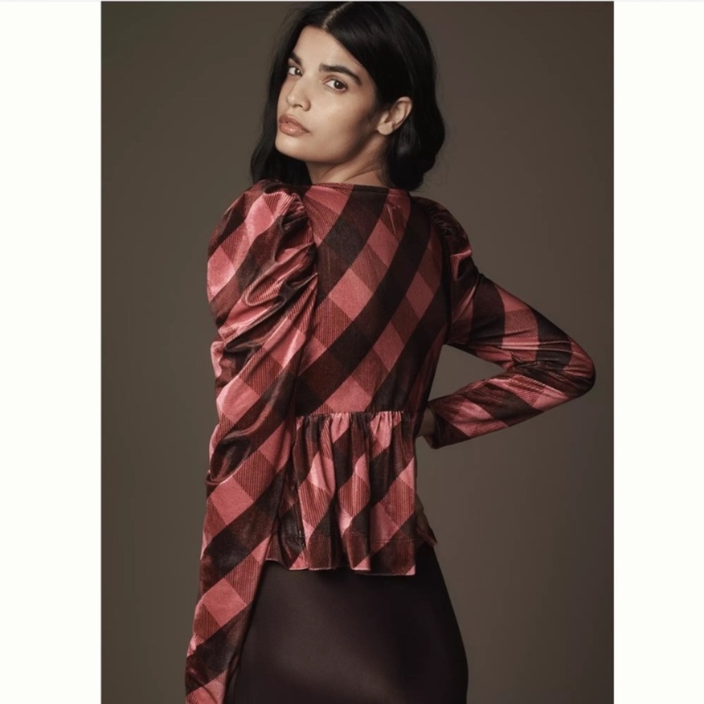 🌻5 for $30🌻 Anthro Collection by Maeve Pink and Brown Checkered Velvet Blouse - Picture 3 of 6